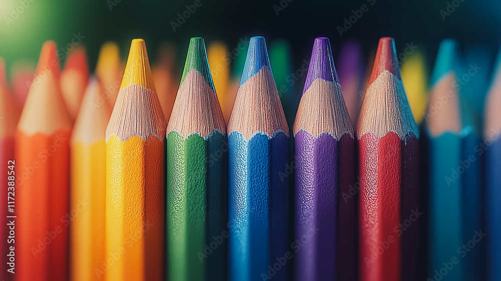 Rainbow of Creativity: A vibrant close-up of colored pencils, their sharpened tips arranged in a rainbow-like spectrum, evokes a sense of creativity, artistic expression, and boundless possibilities. Rainbow of Creativity: A vibrant close-up of colored pencils, their sharpened tips arranged in a rainbow-like spectrum, evokes a sense of creativity, artistic expression, and boundless possibilities.