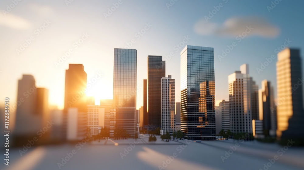 Fototapeta premium Modern City Skyline at Sunrise with Warm Light and Soft Focus