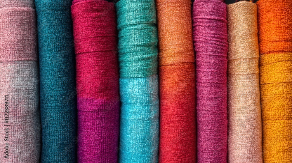 Colorful neatly folded cotton towels arranged in a row showcasing vibrant hues and textures for interior design or home decor ideas. Colorful neatly folded cotton towels arranged in a row showcasing vibrant hues and textures for interior design or home decor ideas.