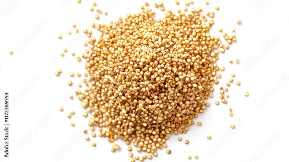 Fried quinoa grains scattered on a white background showcasing texture and color for culinary or health-related themes Fried quinoa grains scattered on a white background showcasing texture and color for culinary or health-related themes