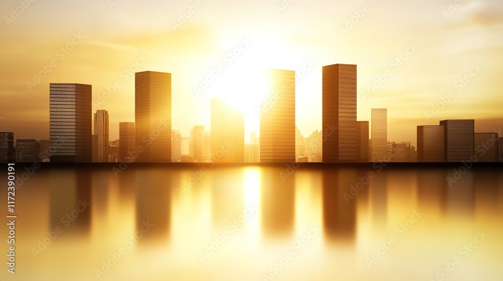 Obraz premium Majestic Sunset Over Urban Skyline with Reflected Water Surface