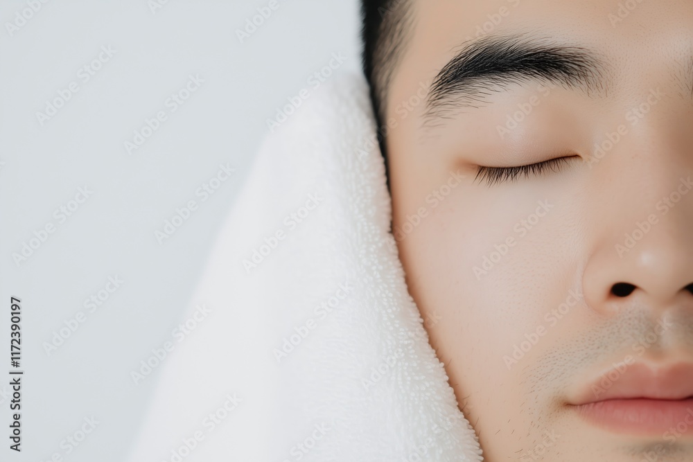 Young man relaxing with white towel on face enjoying wellness treatment Young man relaxing with white towel on face enjoying wellness treatment