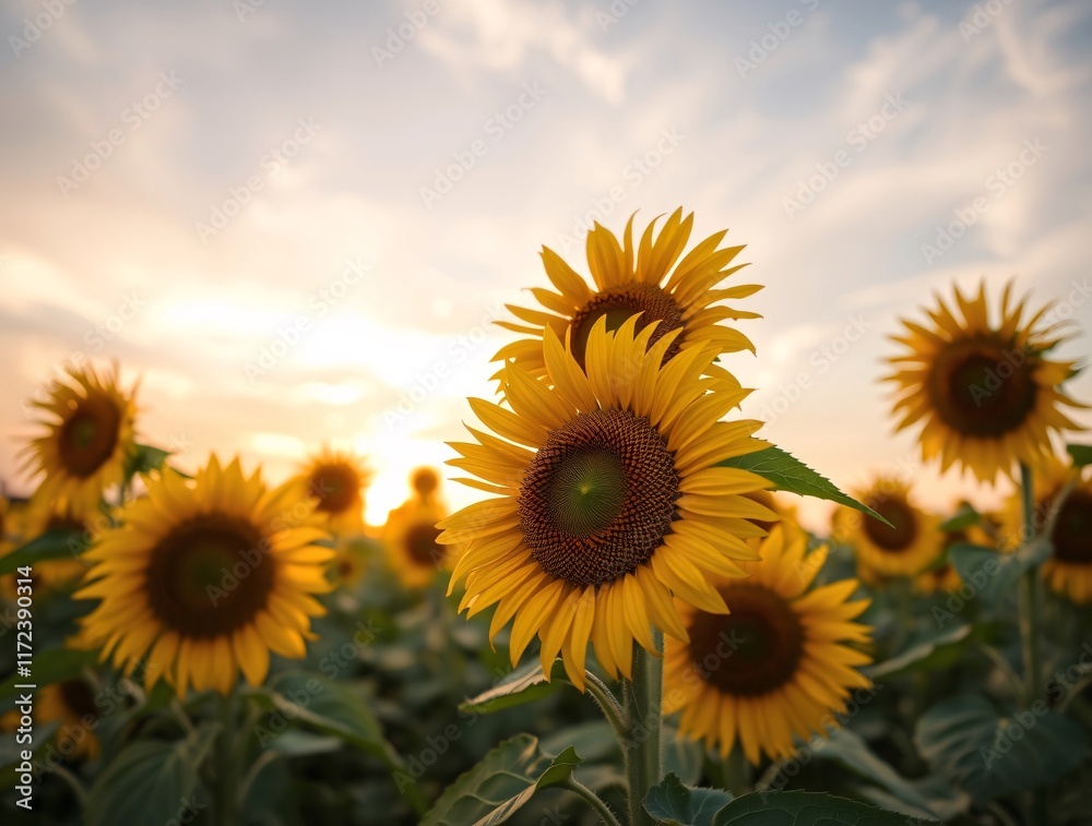 Obraz premium An expansive sunflower field stretches under a sunset sky, capturing the essence of summer's warmth and natural beauty.