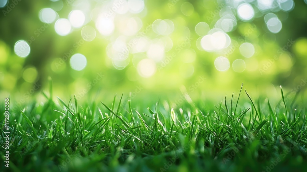Fototapeta premium Lush Green Grass and Soft Bokeh Light Background for Nature Inspired Designs and Seasonal Themes