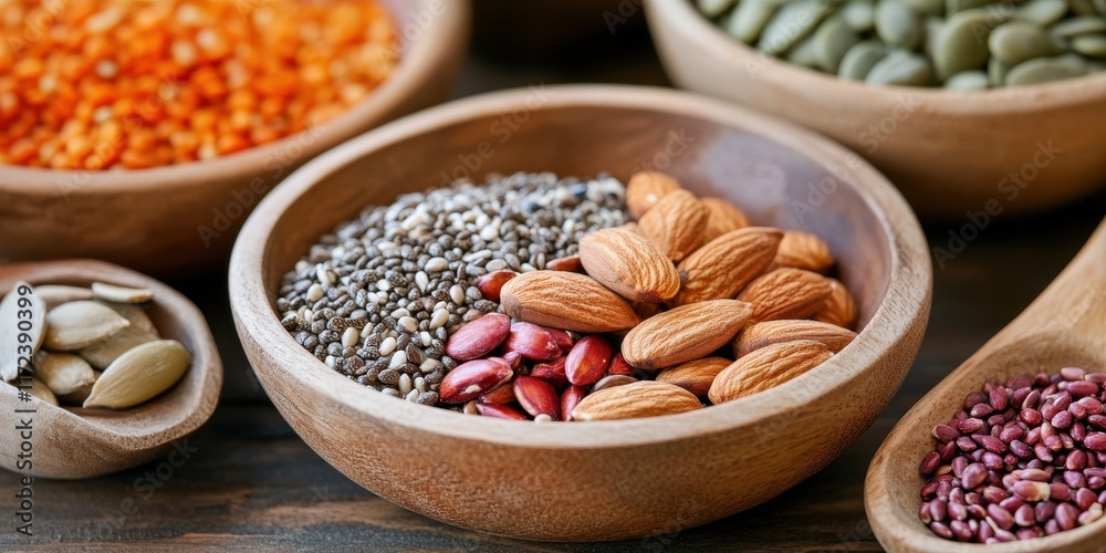 Fototapeta premium Colorful vegan salad topped with nutrient-rich superfoods, including a variety of nuts for added crunch and flavor.