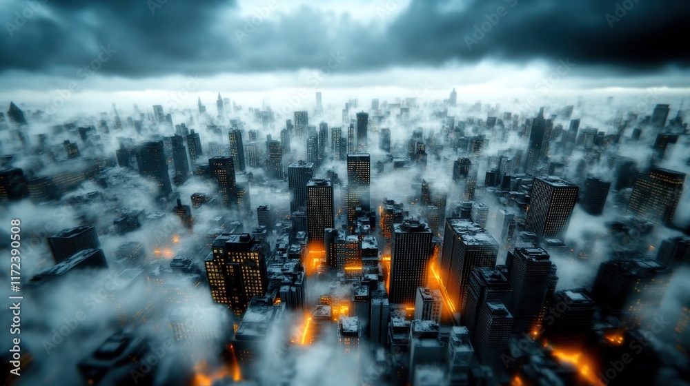 Fototapeta premium Aerial View of City Skyline Covered in Fog and Dramatic Clouds