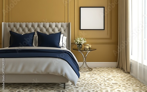 Elegant mustard bedroom interior design, luxury bed, side table, and window. Ideal for home decor websites. photo