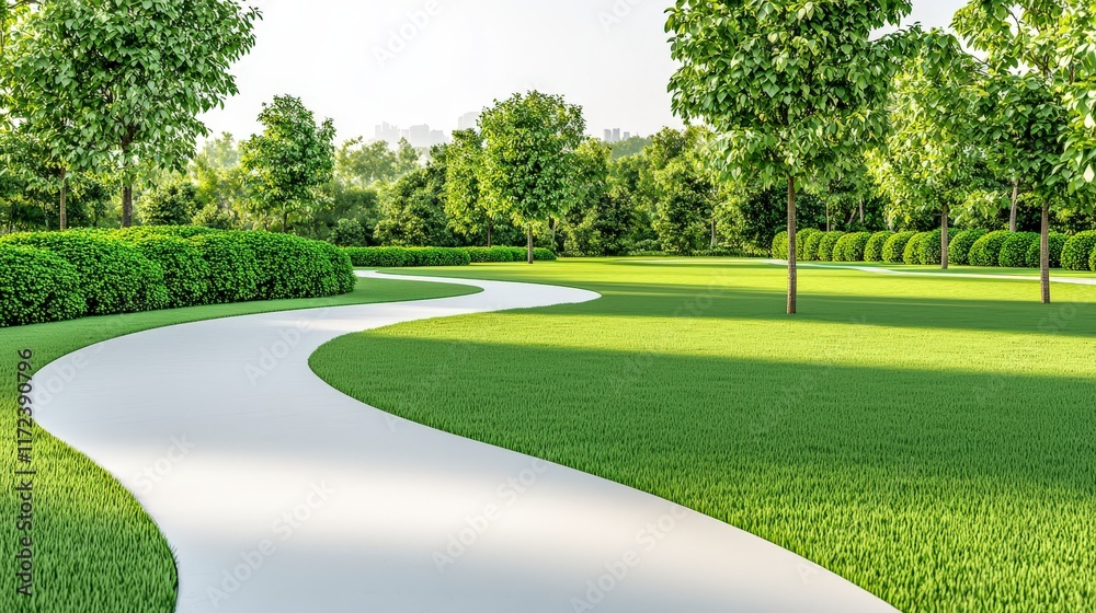 Serene Curving Pathway Through Lush Green Park Surrounded by Trees and Colorful Shrubs in Bright Daylight Serene Curving Pathway Through Lush Green Park Surrounded by Trees and Colorful Shrubs in Bright Daylight