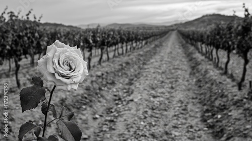 Elegant black and white rose blooming in a serene vineyard landscape with rows of grapevines under a cloudy sky photo