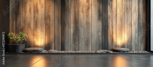 Wooden wall and metal floor in a grunge inspired room design featuring earthy tones and industrial elements with soft lighting and plants photo