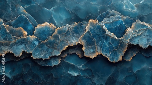 A close-up of the surface texture of blue marble with dark veins and a deep oceanic color palette. The blurred background with turquoise tones highlights the intricate patterns on the stone.
