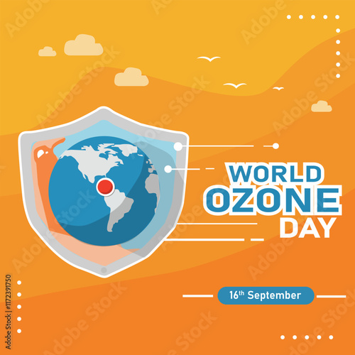 A World Ozone Day design featuring a shield around Earth, emphasizing the protection of the ozone layer, with text highlighting the event on 16th September