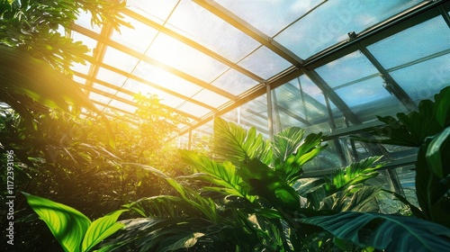 Translucent polycarbonate greenhouse roof with vibrant foliage and sunlight filtering through for optimal plant growth