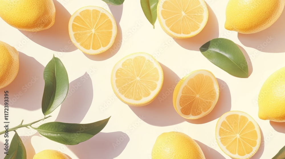 Fresh Lemons Halved and Whole With Green Leaves on Light Background Displaying Organic Fruits and Natural Ingredients Fresh Lemons Halved and Whole With Green Leaves on Light Background Displaying Organic Fruits and Natural Ingredients