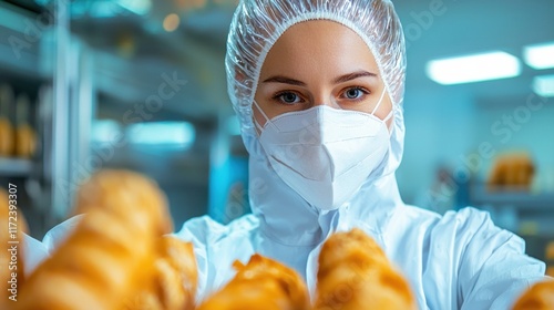 A masked baker showcases freshly made pastries in a clean, professional kitchen, emphasizing hygiene and culinary skill.