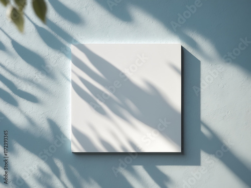 a blank white canvas mounted on a textured pastel blue wall, illuminated by soft natural light and shadows with blurred green leaves in the foreground—ideal for art, design mockups, and creative prese photo