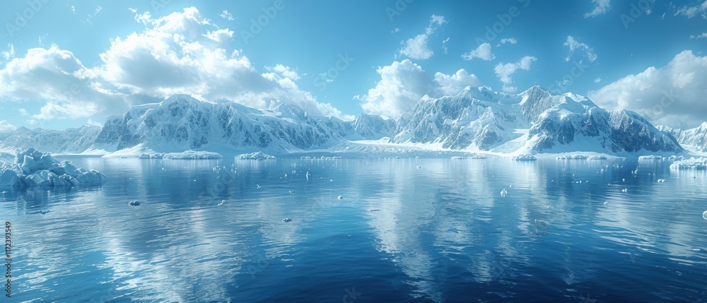 Fototapeta premium Stunning Glacial Landscape Arctic Ocean Mountains Icebergs and Sky
