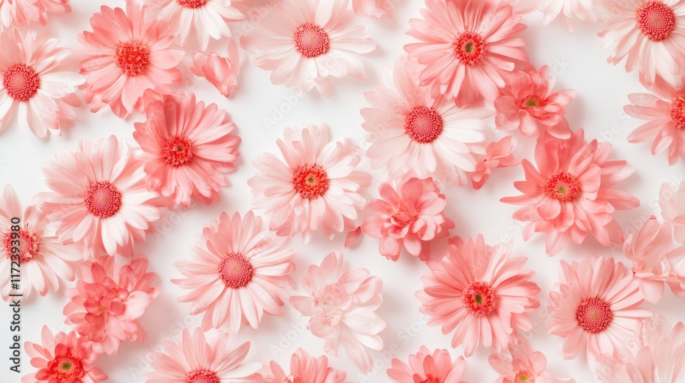 Obraz premium Delicate pink daisies scattered on a white background creating a soft floral texture for design and decoration purposes.