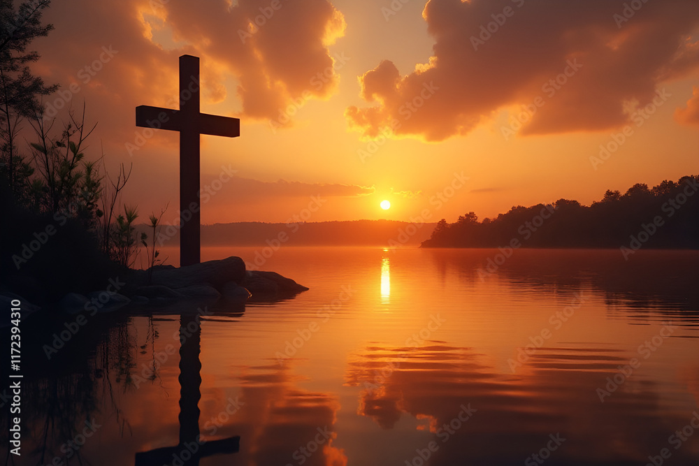 Silhouette of wooden Christian cross on reflective water lake river during sunset