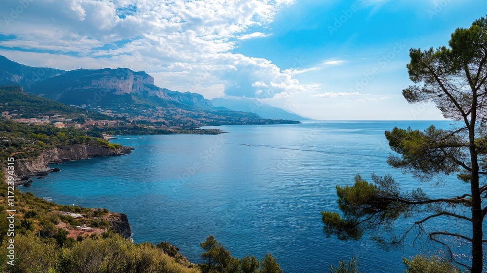 Tranquil coastal landscape with azure sea under a bright sky showcasing natural beauty and serene holiday vibes Tranquil coastal landscape with azure sea under a bright sky showcasing natural beauty and serene holiday vibes