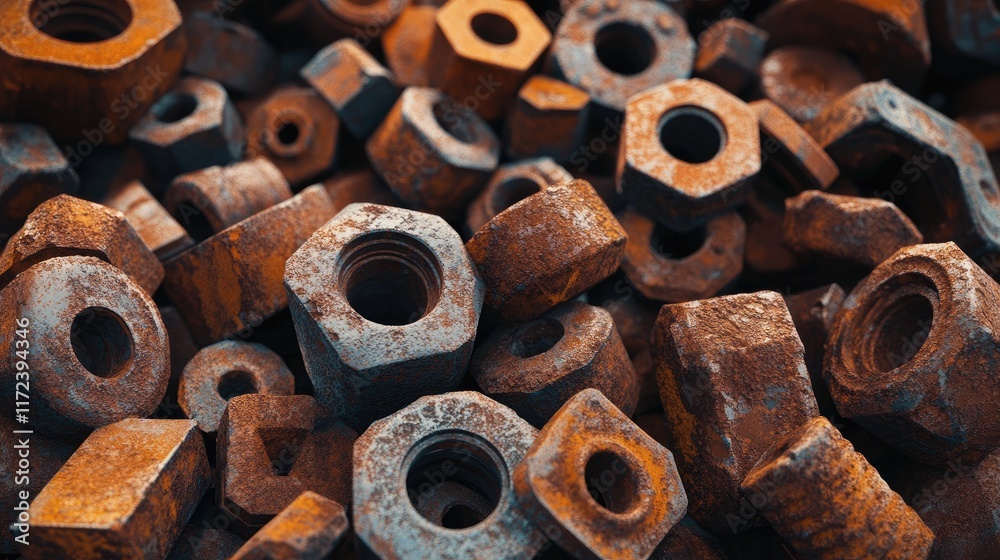 Closeup of oxidized rusty metal nuts and bolts showcasing textures and decay in a cluttered composition Closeup of oxidized rusty metal nuts and bolts showcasing textures and decay in a cluttered composition