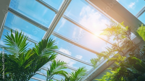 Light-filtering opaque polycarbonate greenhouse roof with lush plants and sunlight illuminating the space from above