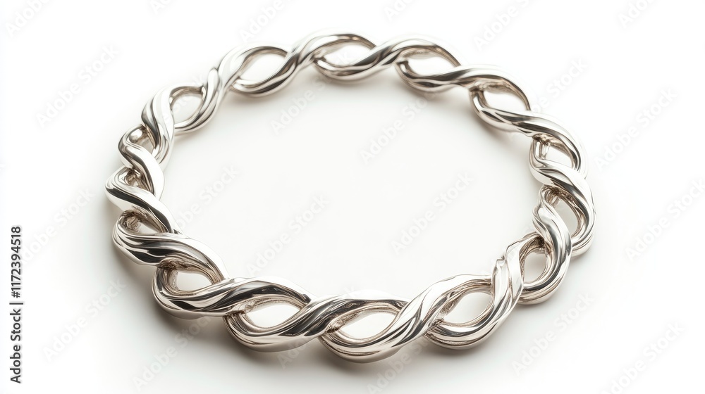 Obraz premium Elegant silver bracelet with unique intertwined design displayed on a minimalist white background for jewelry promotion and marketing.
