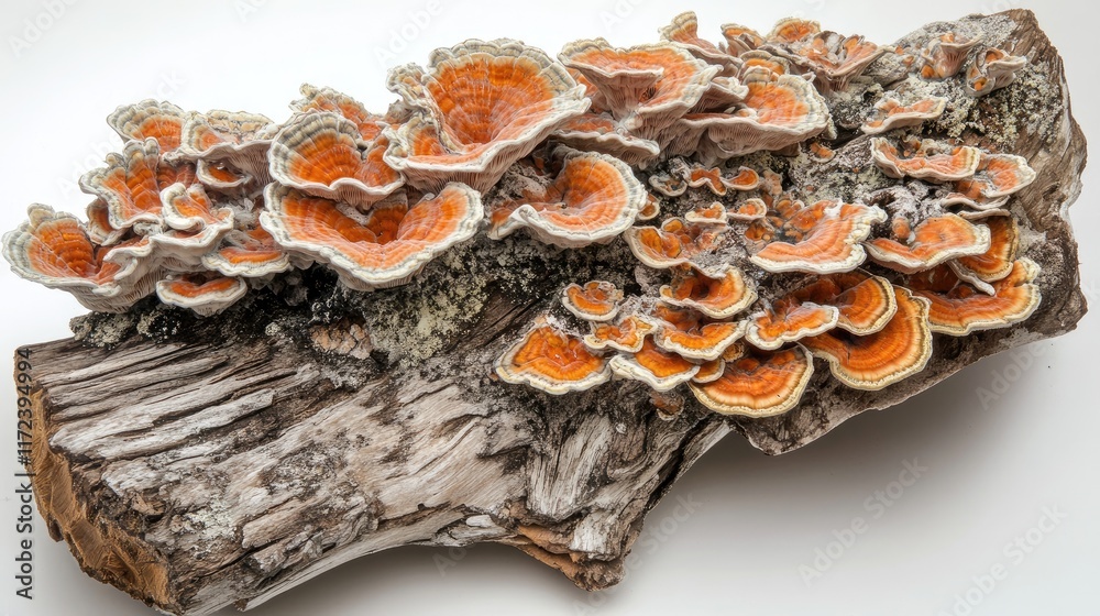 Vibrant Orange Fungi on Weathered Log Capturing Nature's Beauty and Diversity in a Forest Environment Vibrant Orange Fungi on Weathered Log Capturing Nature's Beauty and Diversity in a Forest Environment