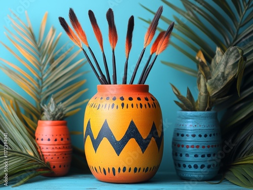 A vibrant display of painted pottery with brushes and tropical leaves. photo