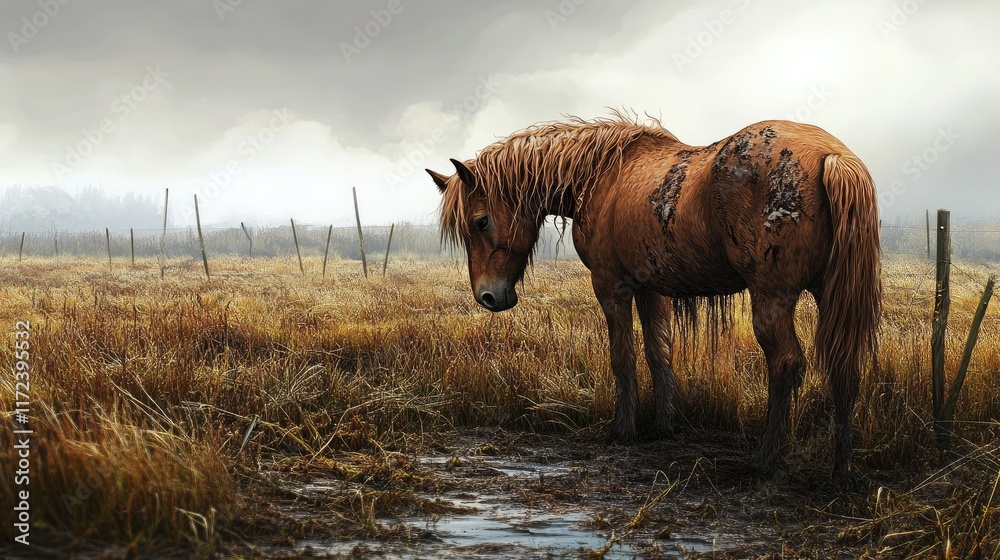Fototapeta premium Neglected pony in a misty field showcasing unkempt fur and a serene yet melancholic atmosphere reflecting rural solitude and freedom.