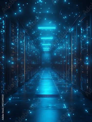 Futuristic server room with glowing data particles.