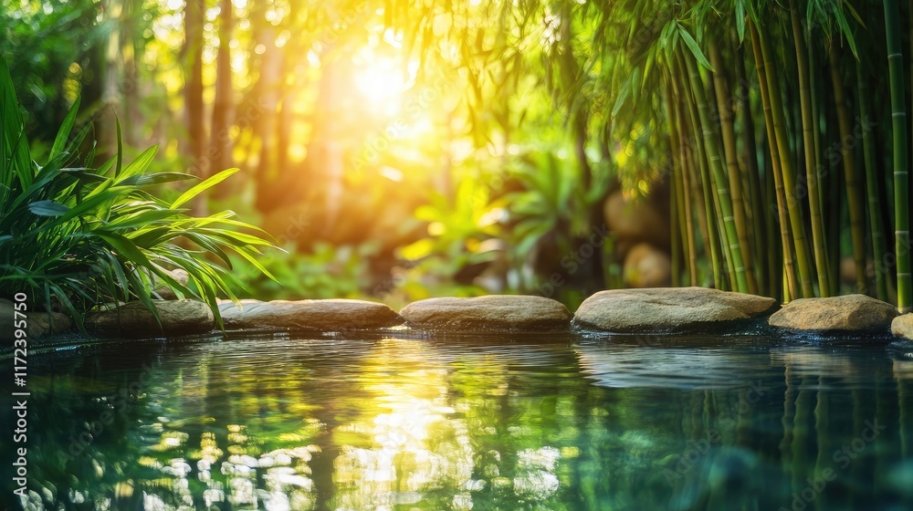 Naklejka premium Serene bamboo grove with tranquil pool reflections warm sunlight filtering through leaves creating a peaceful meditation spot