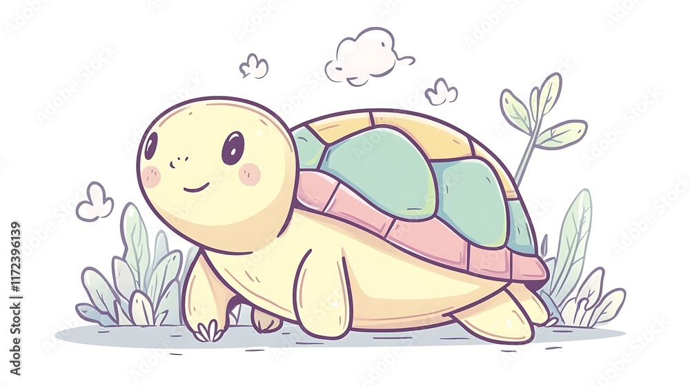 Fototapeta premium A joyful turtle with a rainbow-striped pastel shell, surrounded by soft pastel highlights, thin hand-drawn lines, clean white background, kawaii aesthetic, minimalistic and charming design,