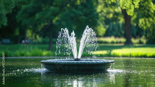 Fototapeta Naklejka Na Ścianę i Meble -  Elegant water fountain in a serene park surrounded by lush greenery reflecting nature's beauty in a tranquil setting