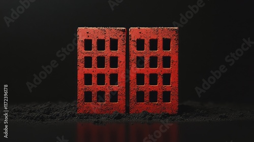 New Red Perforated Bricks on Dark Background Close Up Construction Materials Concept for Building and Architecture Projects photo