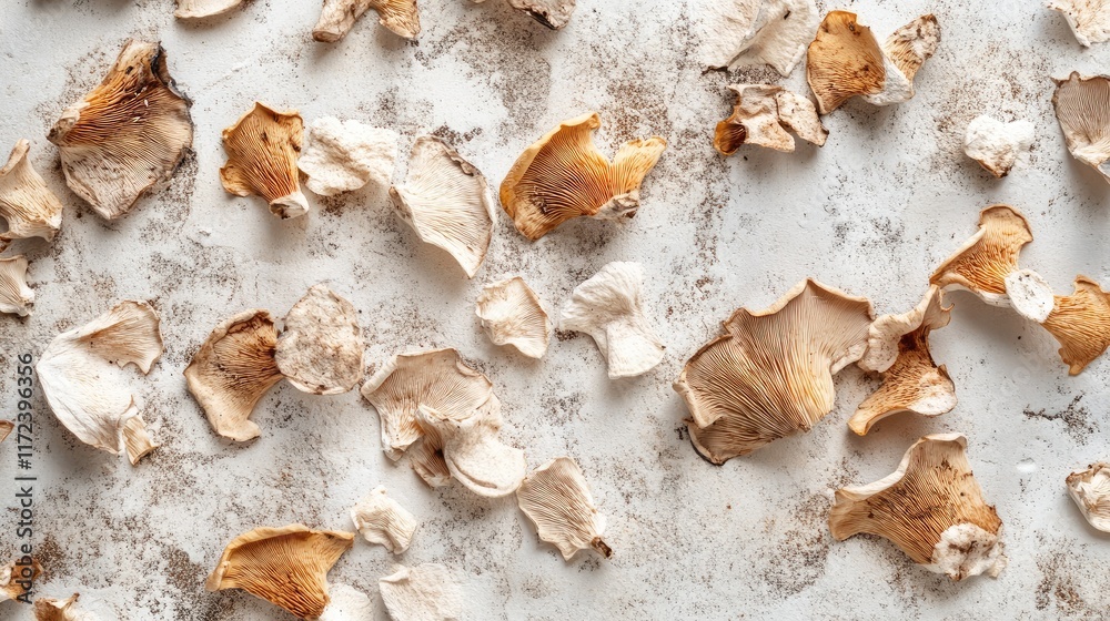 Overhead view of assorted dried mushrooms on textured light background for culinary and interior design purposes Overhead view of assorted dried mushrooms on textured light background for culinary and interior design purposes