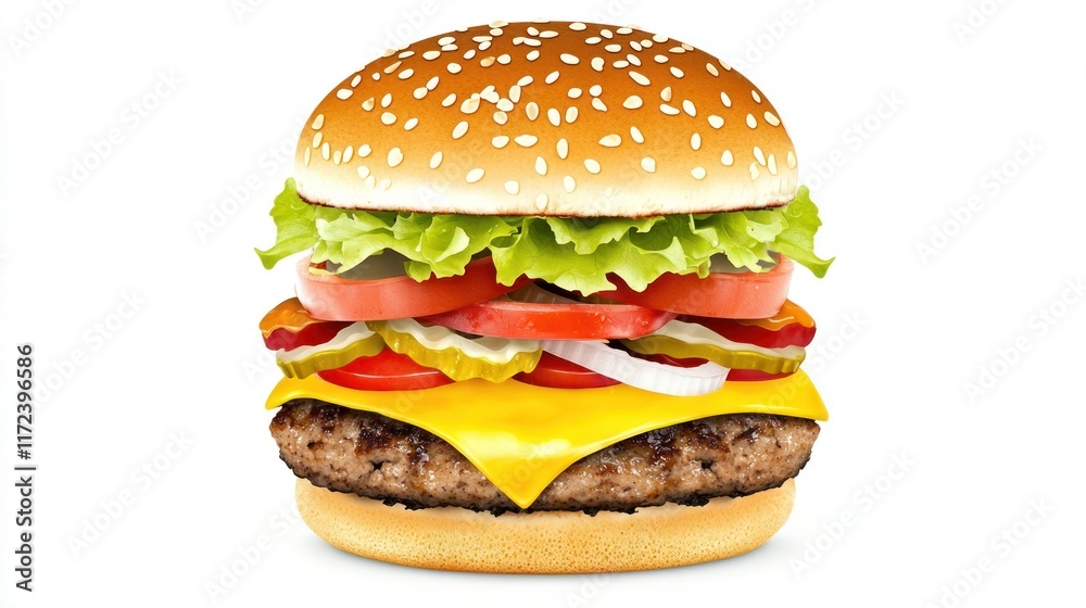 A delicious hamburger with lettuce, tomato, cheese, and pickles. A delicious hamburger with lettuce, tomato, cheese, and pickles.