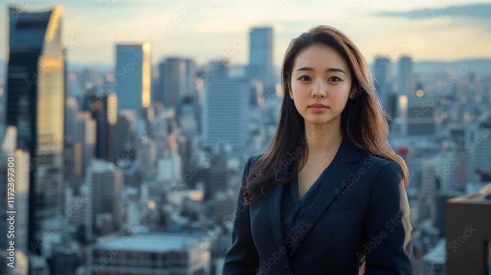 Fototapeta premium Confident asian female adult in business attire with city skyline in background