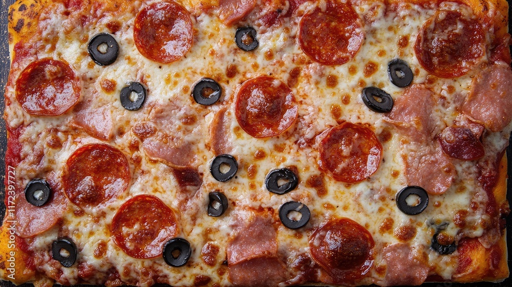 Delicious overhead view of pepperoni and olive pizza showcasing a cheesy and appetizing crust filled with savory toppings Delicious overhead view of pepperoni and olive pizza showcasing a cheesy and appetizing crust filled with savory toppings