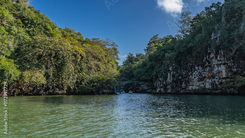 The turquoise tropical riverbed bends. Tourist boats sailing to the waterfall are visible at the turn. Lush green vegetation on steep rocky shores. Mauritius. Grand River South East waterfall photo