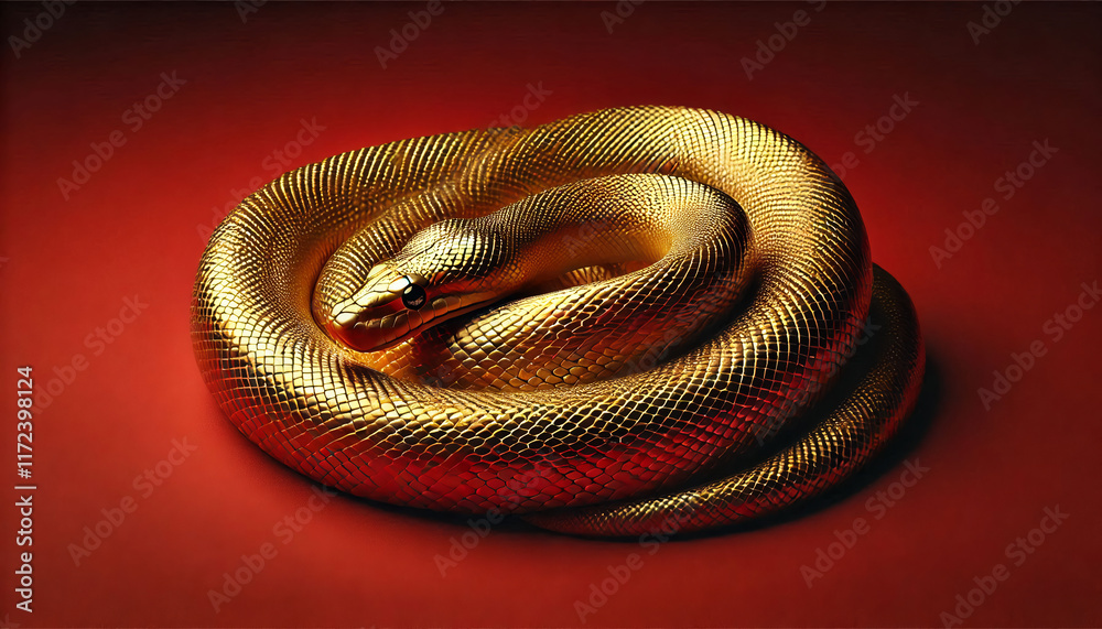 A golden snake resting elegantly against a bold red background, highlighting the shimmering texture of its scales and the dramatic contrast of colors A golden snake resting elegantly against a bold red background, highlighting the shimmering texture of its scales and the dramatic contrast of colors