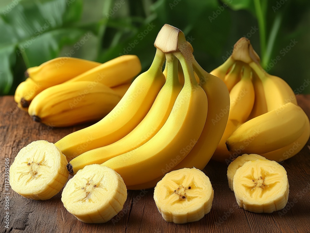 A bunch of ripe bananas with sliced pieces on a wooden surface, showcasing freshness. A bunch of ripe bananas with sliced pieces on a wooden surface, showcasing freshness.