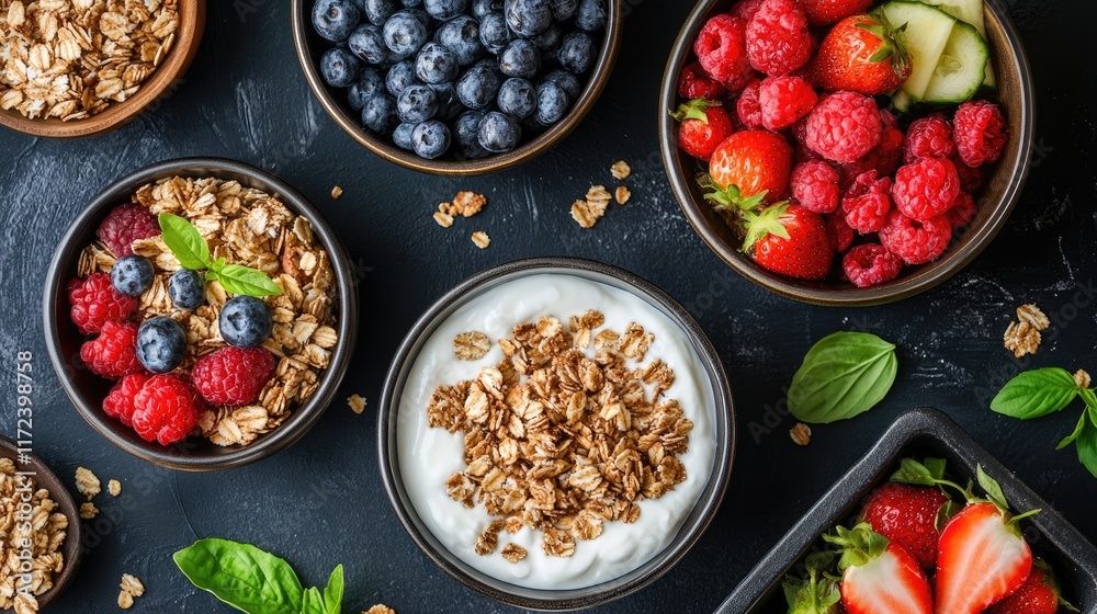 Colorful display of homemade granola with mixed berries and yogurt in a stylish arrangement on a dark background. Colorful display of homemade granola with mixed berries and yogurt in a stylish arrangement on a dark background.