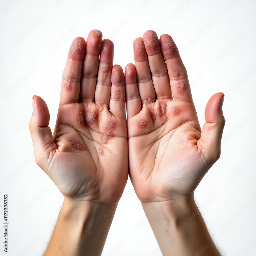Psoriasis Skin Condition: Close-up Image of Hands Showing Psoriatic Lesions Psoriasis Skin Condition: Close-up Image of Hands Showing Psoriatic Lesions