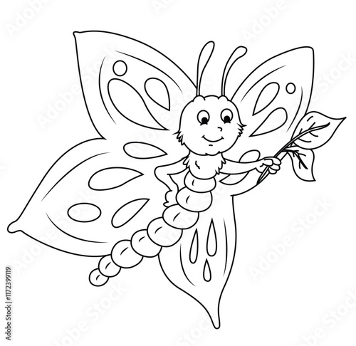 Cute cartoon hand drawn vector funny butterfly outline coloring page.