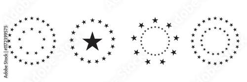 Print Stars of various sizes arranged in a circle. Round frame, border. Black star shape, simple symbol. Design element, ornament.