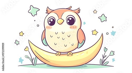 A playful owl perched on a pastel crescent moon, surrounded by glowing pastel stars, soft pastel palette, clean white background, kawaii-inspired hand-drawn style, minimalist design, hd rendering. photo