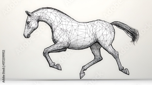 Wireframe Horse in Motion: A Digital Line Art Illustration AI Generated photo