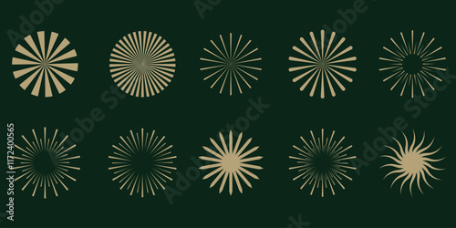 Set of round sunburst, line editable sun frame. Radial circle lines. Firework black explosion. Design elements