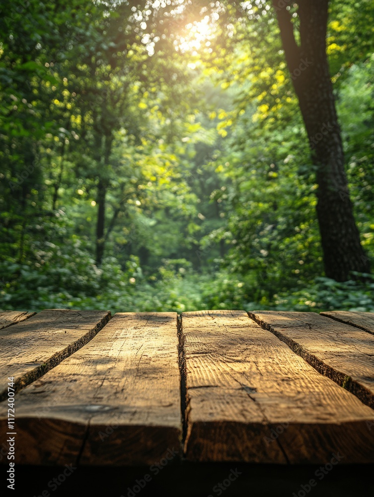A wooden surface in a lush forest, illuminated by soft sunlight filtering through trees. A wooden surface in a lush forest, illuminated by soft sunlight filtering through trees.